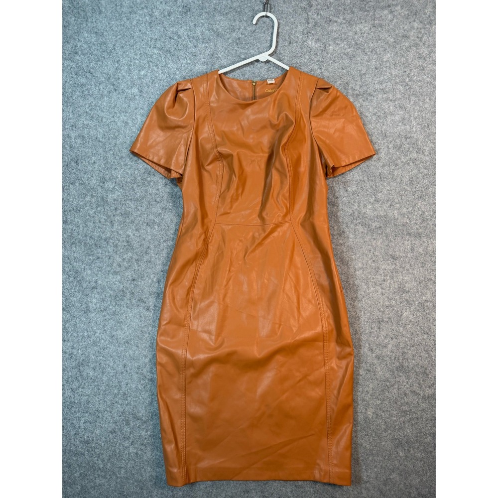 Calvin Klein Faux Leather Puff Sleeve Sheath Dress Cognac Orange Womens 6 - Picture 1 of 8